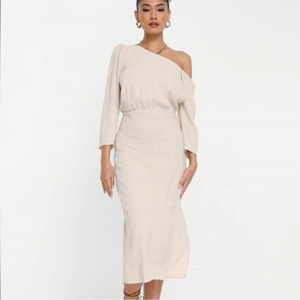 ASOS Cream One-Shoulder Linen Cream Dress
